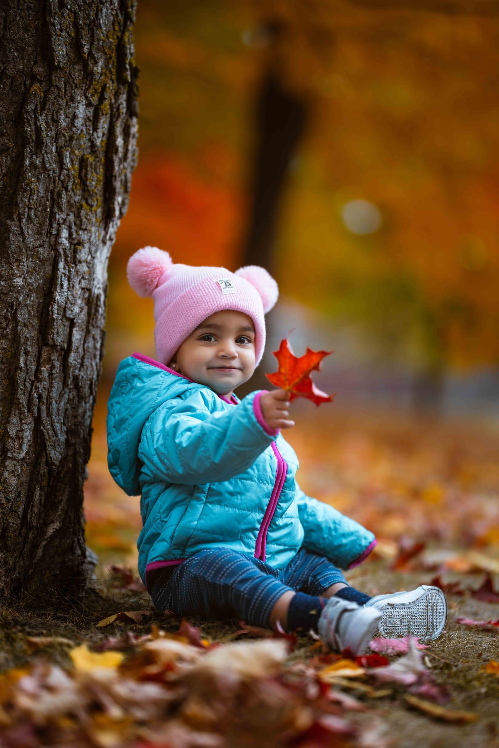 Toddler in a pink hat sits among red maple leaves, fall mini session